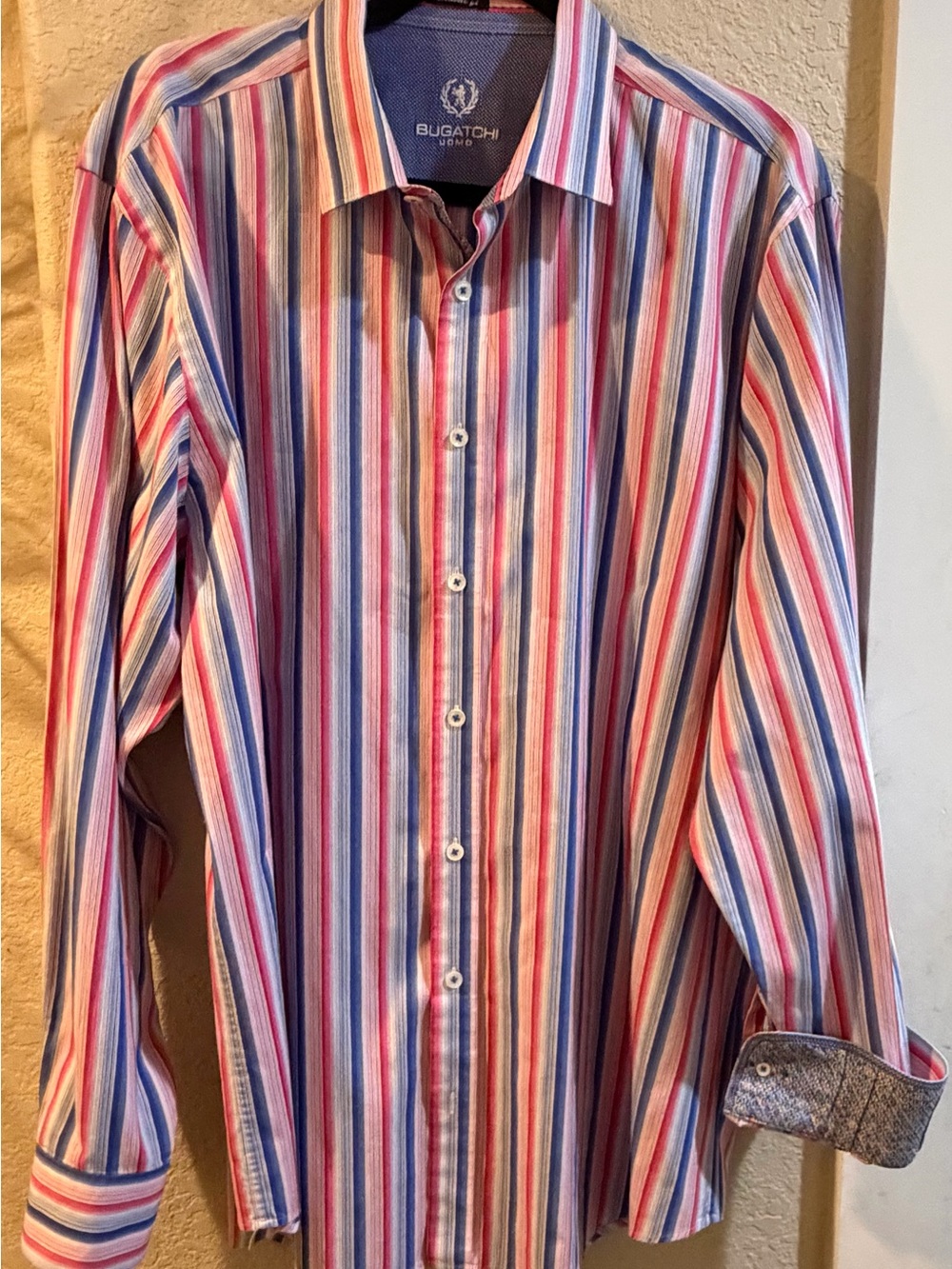 Bugatchi Striped Men's Dress Shirt - Pink, Blue & White